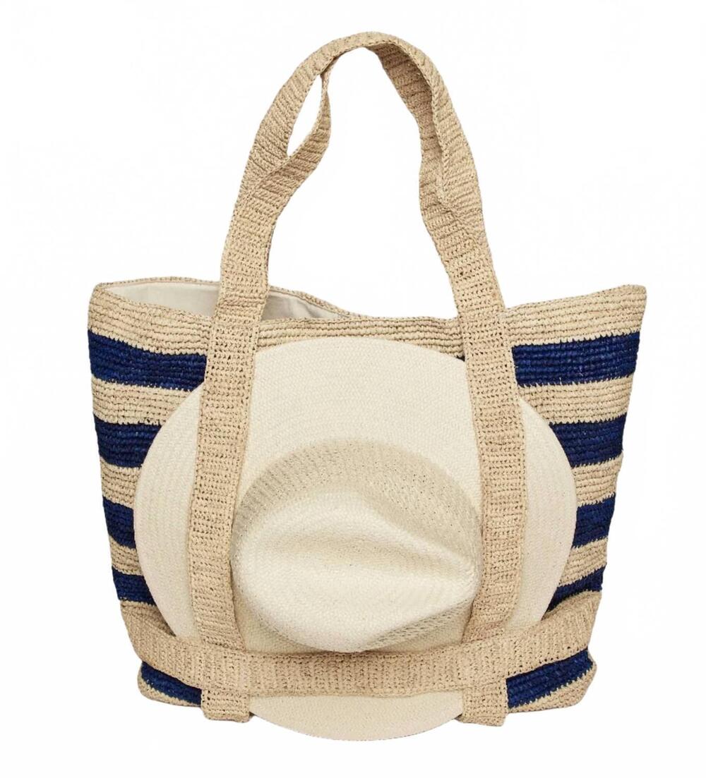 NEW HAT ATTACK women's original straw traveler bag in navy stripe